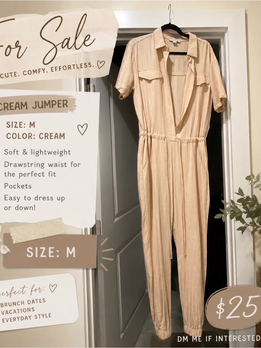 Cream Women's Utility Jumpsuit - Drawstring Waist